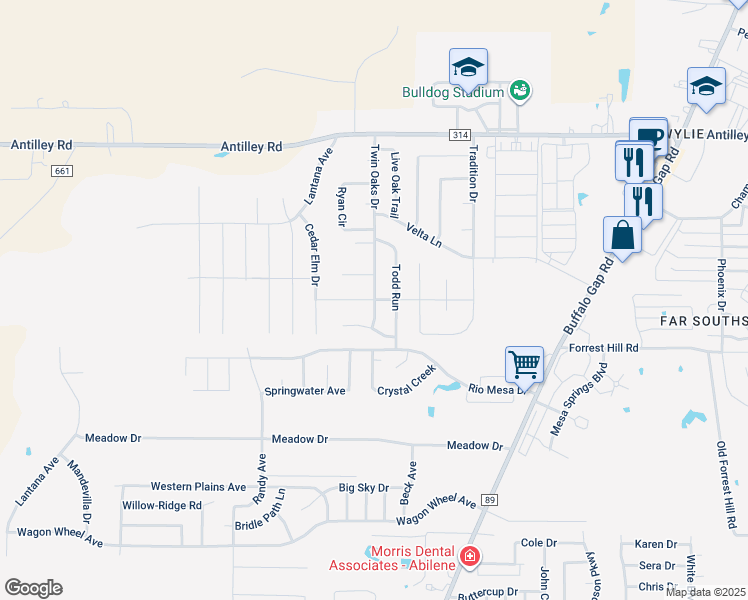 map of restaurants, bars, coffee shops, grocery stores, and more near 6498 Twin Oaks Drive in Abilene