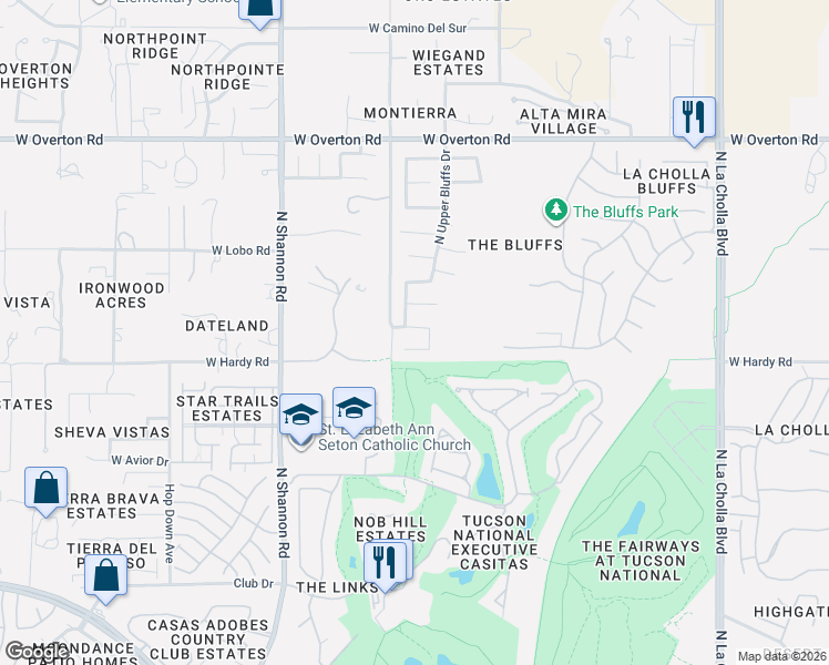 map of restaurants, bars, coffee shops, grocery stores, and more near 2657 West Hidden Bluffs Drive in Tucson