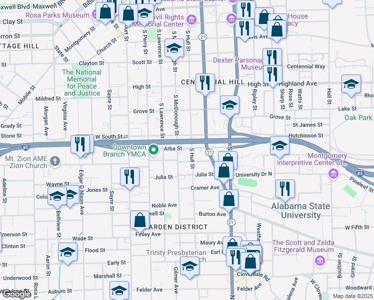 map of restaurants, bars, coffee shops, grocery stores, and more near 560 Percy Drive in Montgomery