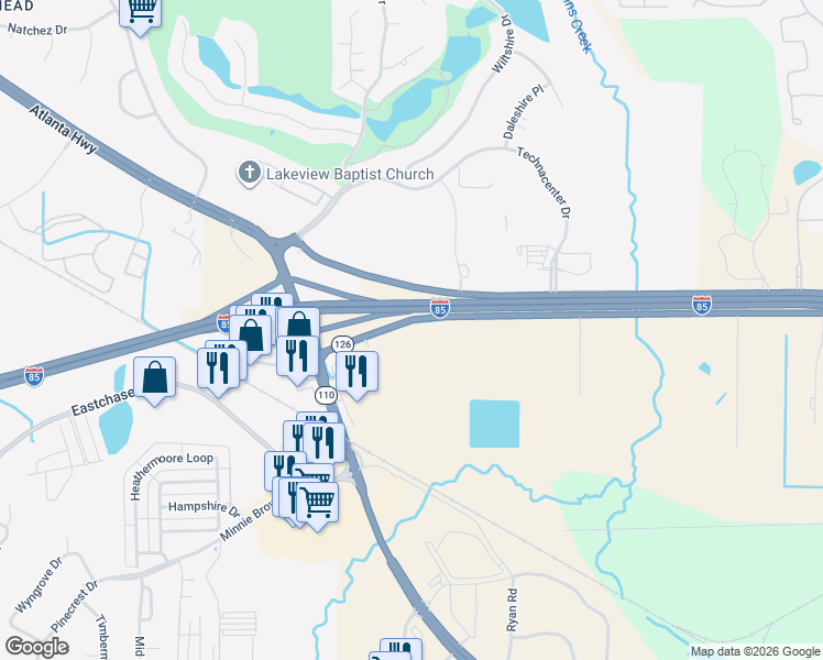 map of restaurants, bars, coffee shops, grocery stores, and more near 10144-10200 U.S. 80 in Montgomery