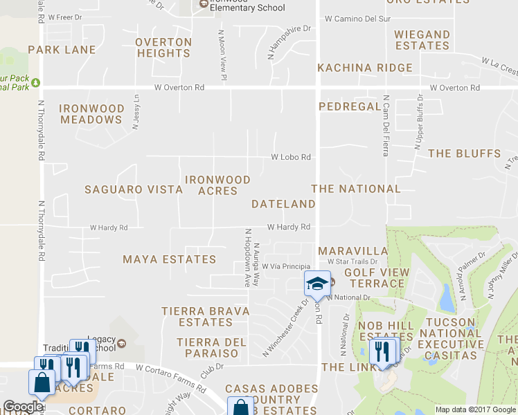 map of restaurants, bars, coffee shops, grocery stores, and more near 8851 North Loeffler Lane in Tucson