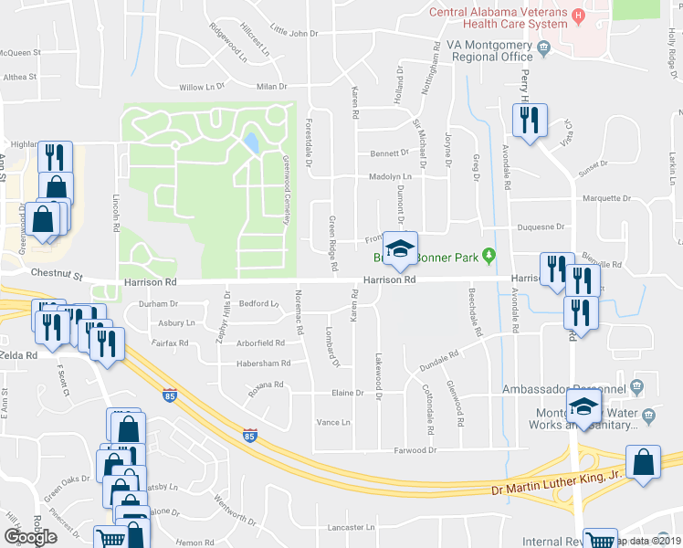 map of restaurants, bars, coffee shops, grocery stores, and more near 975 Green Ridge Road in Montgomery