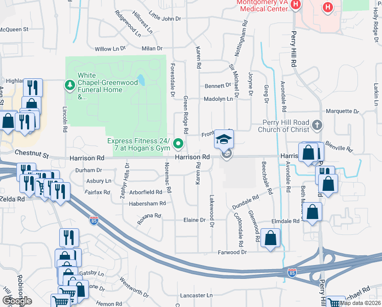 map of restaurants, bars, coffee shops, grocery stores, and more near in Montgomery
