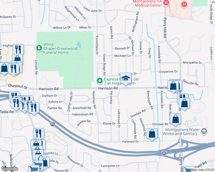 map of restaurants, bars, coffee shops, grocery stores, and more near in Montgomery