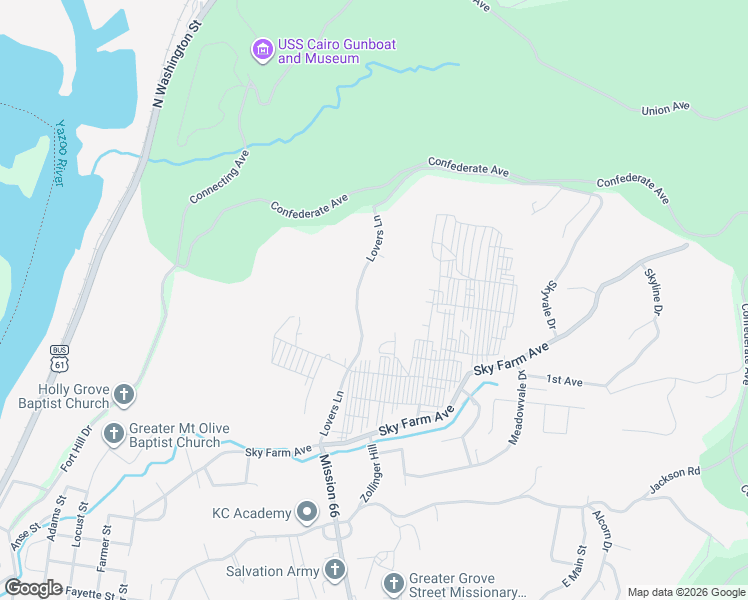 map of restaurants, bars, coffee shops, grocery stores, and more near 188-244 Lovers Lane in Vicksburg