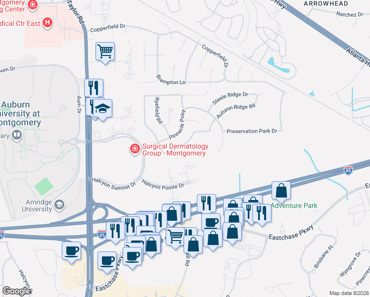 map of restaurants, bars, coffee shops, grocery stores, and more near 1078 Autumn Ridge Road in Montgomery