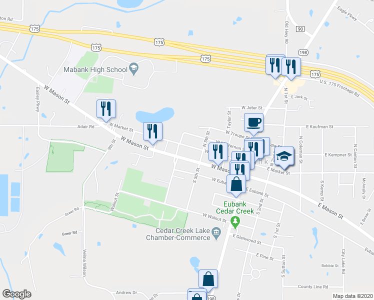map of restaurants, bars, coffee shops, grocery stores, and more near 315 West Market Street in Mabank