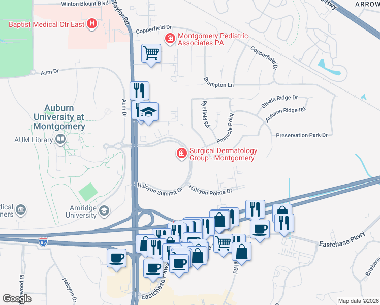 map of restaurants, bars, coffee shops, grocery stores, and more near 7300 Pinnacle Point in Montgomery