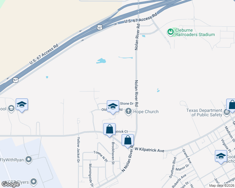 map of restaurants, bars, coffee shops, grocery stores, and more near 1418 Smooth Stone Drive in Cleburne