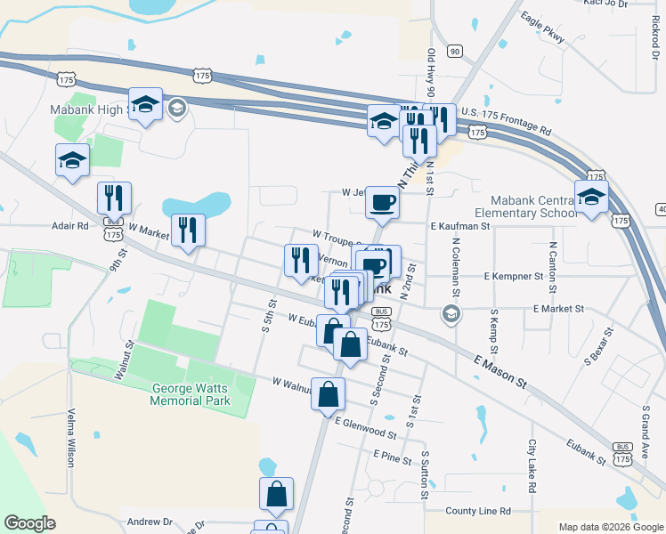 map of restaurants, bars, coffee shops, grocery stores, and more near 109 West Market Street in Mabank