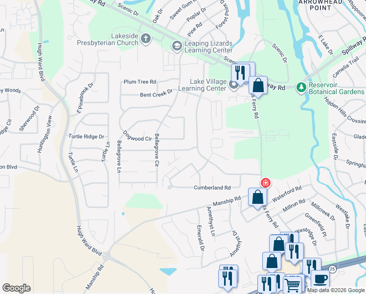 map of restaurants, bars, coffee shops, grocery stores, and more near 125 Dogwood Circle in Brandon