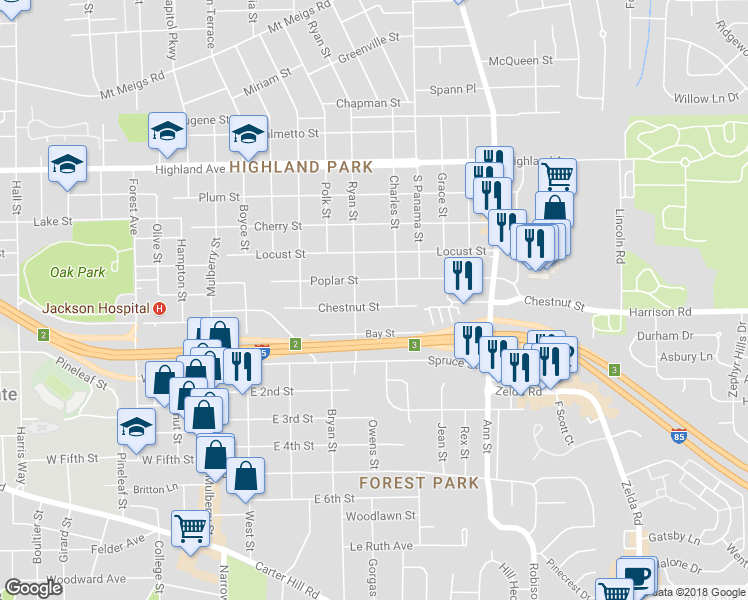 map of restaurants, bars, coffee shops, grocery stores, and more near 2532 Chestnut Street in Montgomery
