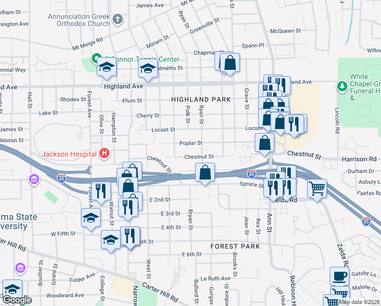 map of restaurants, bars, coffee shops, grocery stores, and more near in Montgomery