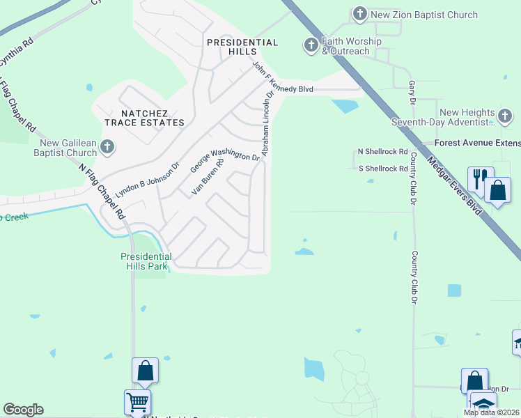 map of restaurants, bars, coffee shops, grocery stores, and more near 6735 George Washington Drive in Jackson