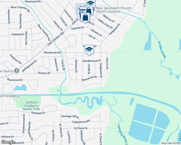 map of restaurants, bars, coffee shops, grocery stores, and more near 5144 North Hill Drive in Jackson