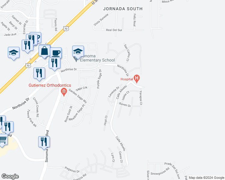 map of restaurants, bars, coffee shops, grocery stores, and more near 4401 Levante Drive in Las Cruces