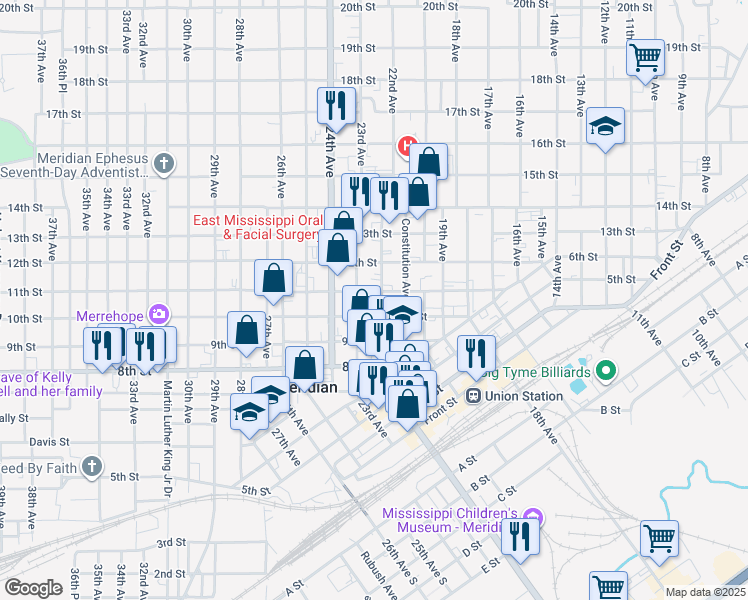 map of restaurants, bars, coffee shops, grocery stores, and more near 1017 22nd Avenue in Meridian