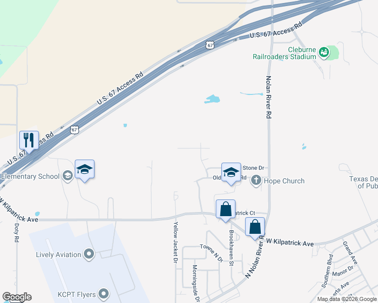 map of restaurants, bars, coffee shops, grocery stores, and more near 1614 Nolan Ridge Drive in Cleburne