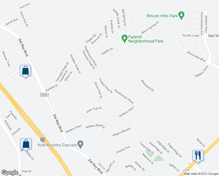 map of restaurants, bars, coffee shops, grocery stores, and more near 2166 Foxtail Pine Drive in Las Cruces