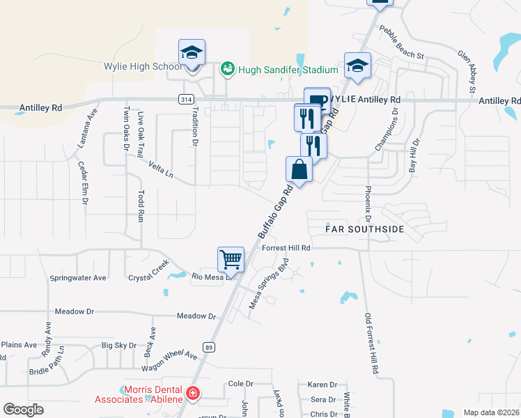 map of restaurants, bars, coffee shops, grocery stores, and more near 6770-7098 Buffalo Gap Road in Abilene