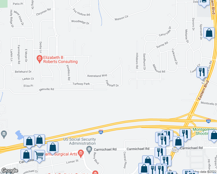 map of restaurants, bars, coffee shops, grocery stores, and more near 612 Flagstaff Drive in Montgomery