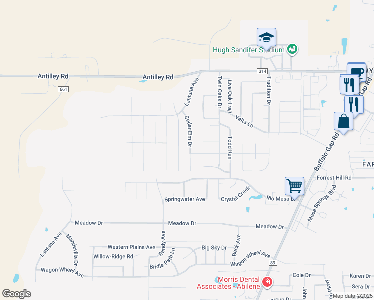 map of restaurants, bars, coffee shops, grocery stores, and more near 6710 Cedar Elm Drive in Abilene