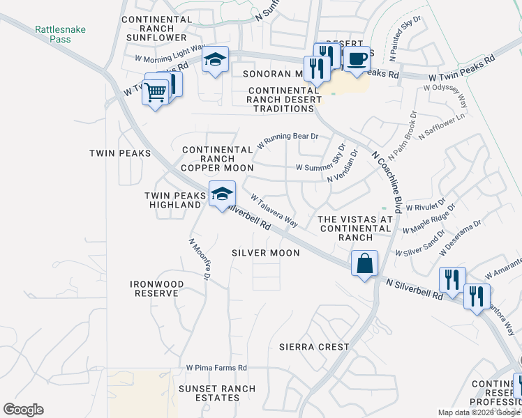 map of restaurants, bars, coffee shops, grocery stores, and more near 7733 West Talavera Way in Tucson