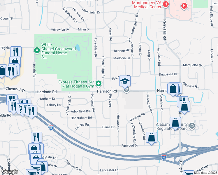 map of restaurants, bars, coffee shops, grocery stores, and more near in Montgomery