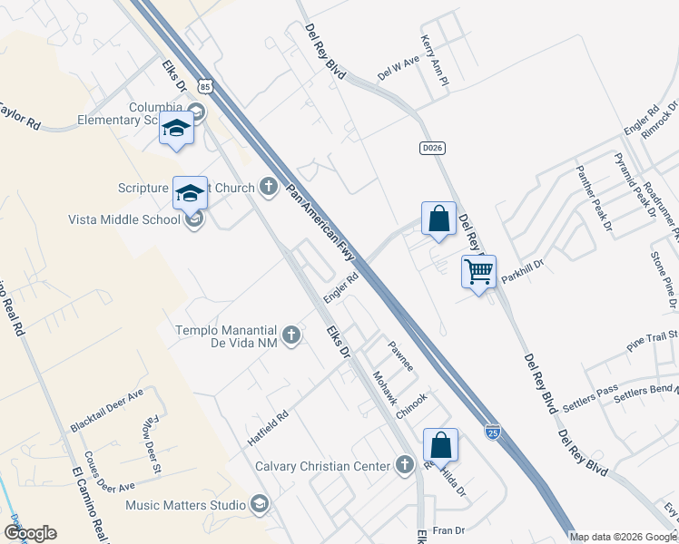 map of restaurants, bars, coffee shops, grocery stores, and more near 4465 Valle Del Luz Circle in Las Cruces