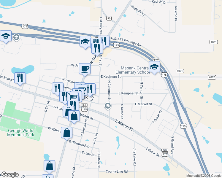 map of restaurants, bars, coffee shops, grocery stores, and more near 405 East Kempner Street in Mabank