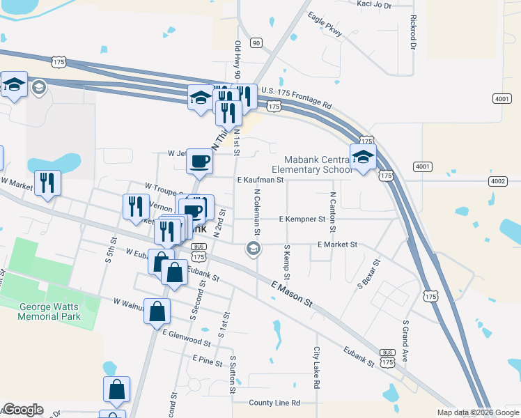 map of restaurants, bars, coffee shops, grocery stores, and more near 405 East Kempner Street in Mabank