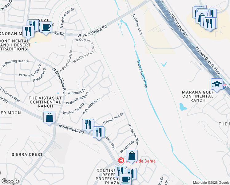 map of restaurants, bars, coffee shops, grocery stores, and more near 8816 Acacia Grove Place in Tucson