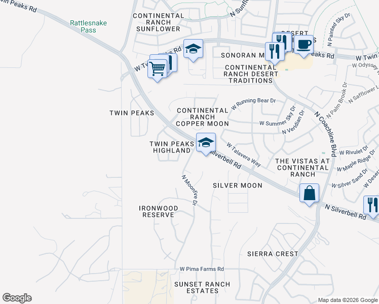map of restaurants, bars, coffee shops, grocery stores, and more near 8836 North Twin Peaks Brook Road in Tucson