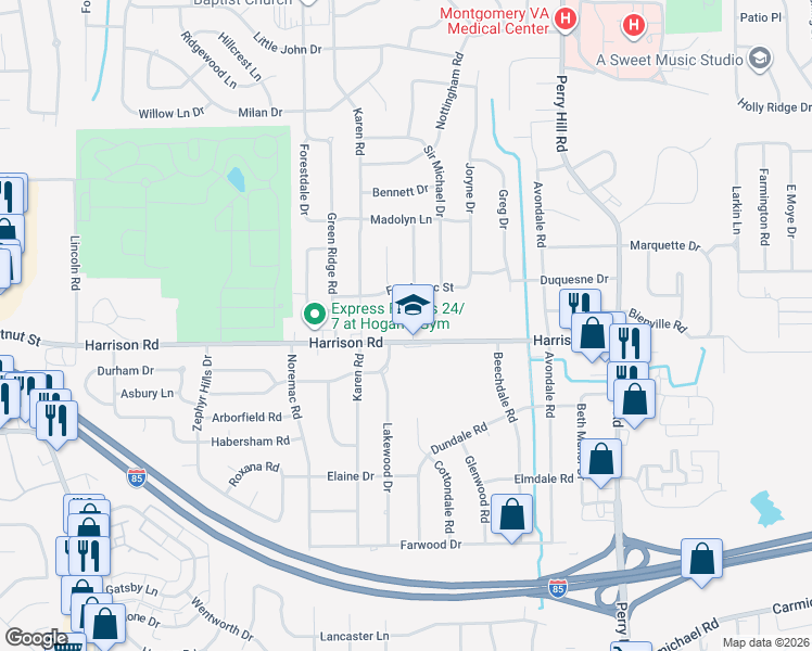 map of restaurants, bars, coffee shops, grocery stores, and more near 1003 Loch Haven Road in Montgomery