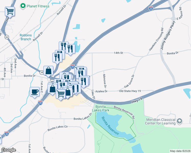 map of restaurants, bars, coffee shops, grocery stores, and more near 715 Lake Drive in Meridian