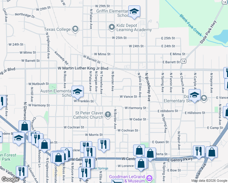 map of restaurants, bars, coffee shops, grocery stores, and more near 1612 North Border Avenue in Tyler