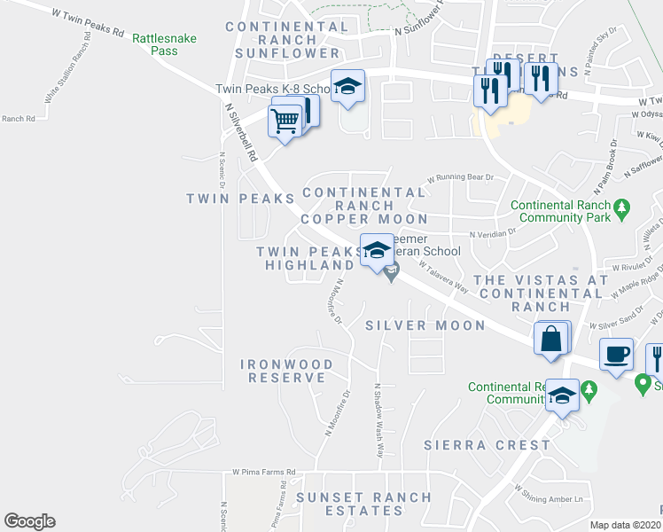 map of restaurants, bars, coffee shops, grocery stores, and more near 8868 North Twin Peaks Brooks Drive in Tucson
