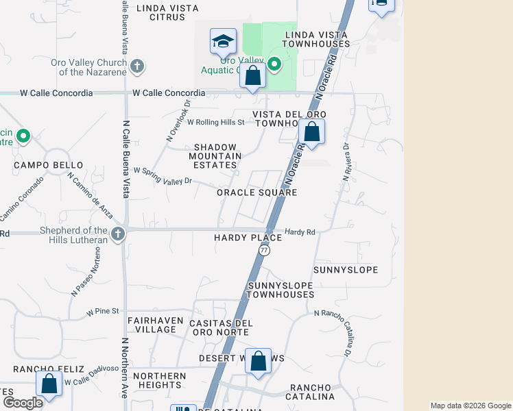 map of restaurants, bars, coffee shops, grocery stores, and more near 8851 North Oracle Road in Oro Valley