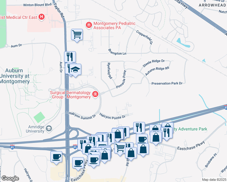 map of restaurants, bars, coffee shops, grocery stores, and more near 1101-1141 Autumn Ridge Road in Montgomery