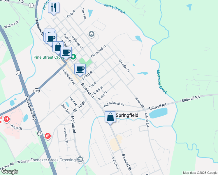 map of restaurants, bars, coffee shops, grocery stores, and more near 305 South Oak Street in Springfield