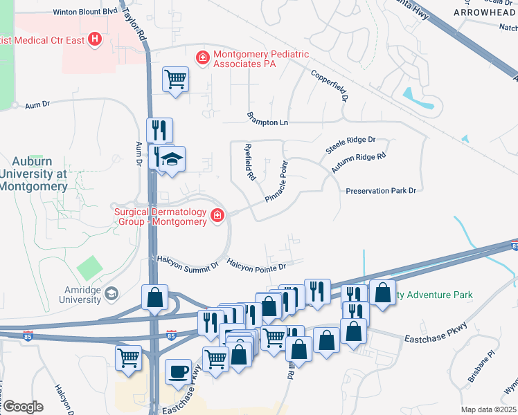 map of restaurants, bars, coffee shops, grocery stores, and more near 1101-1141 Autumn Ridge Road in Montgomery