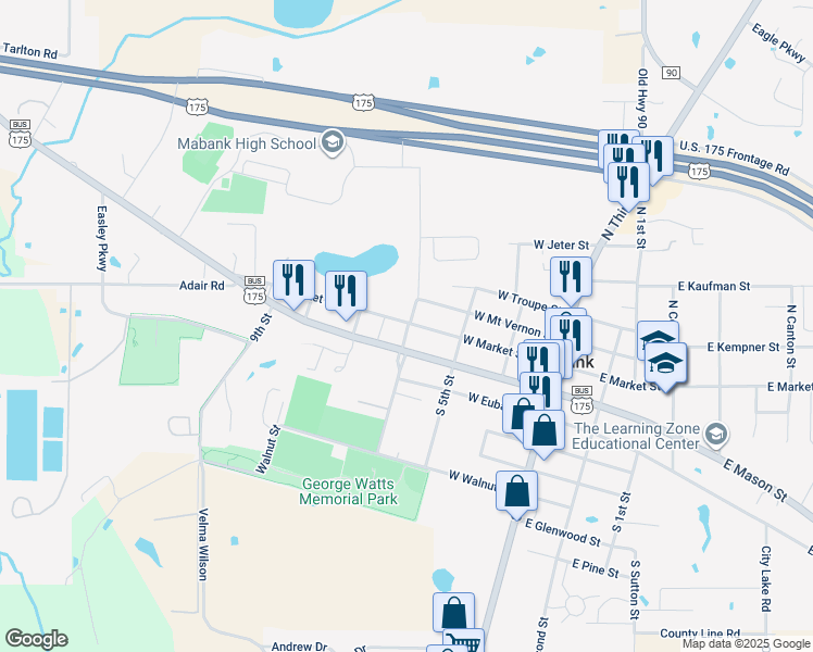 map of restaurants, bars, coffee shops, grocery stores, and more near 315 West Market Street in Mabank