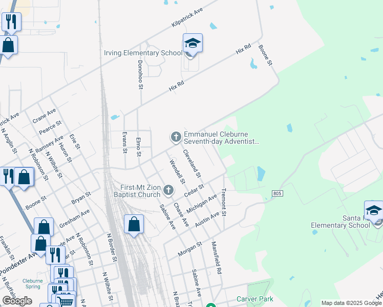 map of restaurants, bars, coffee shops, grocery stores, and more near 204 Cleveland Street in Cleburne
