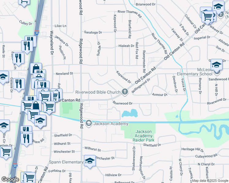 map of restaurants, bars, coffee shops, grocery stores, and more near 5115 Old Canton Road in Jackson