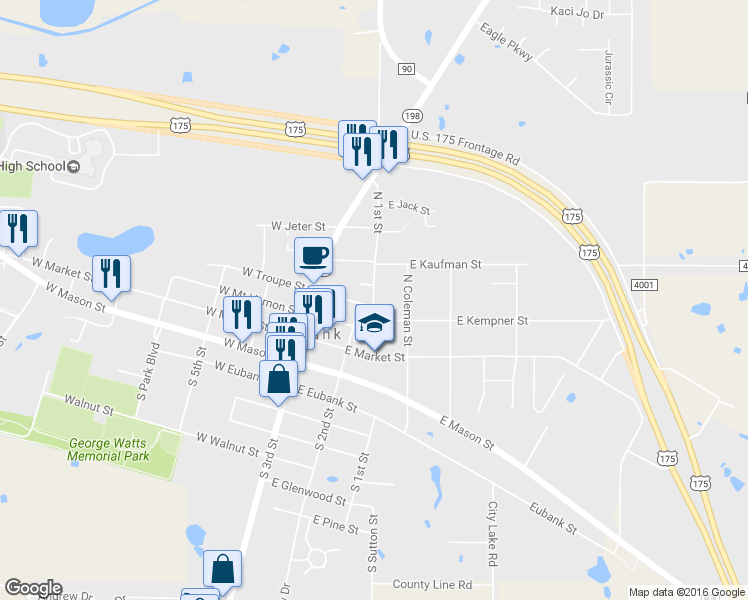 map of restaurants, bars, coffee shops, grocery stores, and more near 220 North 1st Street in Mabank