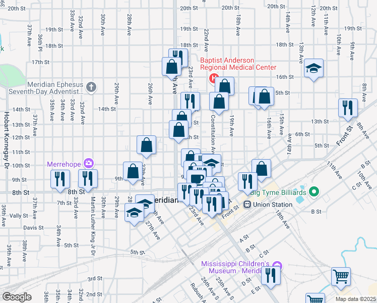 map of restaurants, bars, coffee shops, grocery stores, and more near 1101 23rd Avenue in Meridian