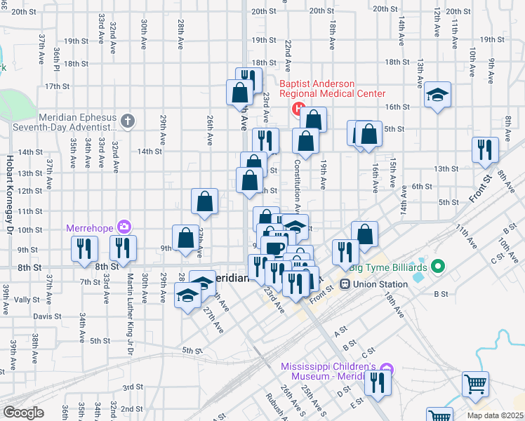 map of restaurants, bars, coffee shops, grocery stores, and more near 1101 23rd Avenue in Meridian