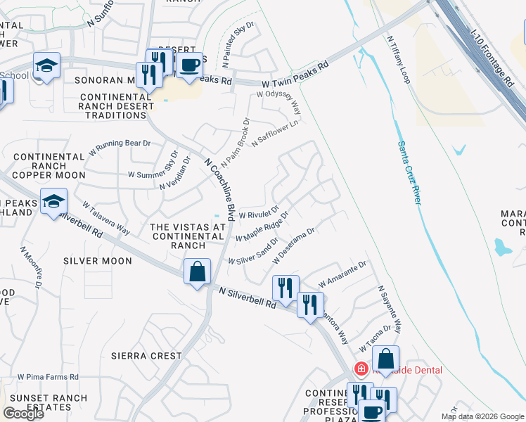 map of restaurants, bars, coffee shops, grocery stores, and more near 8901 North Willeta Drive in Tucson