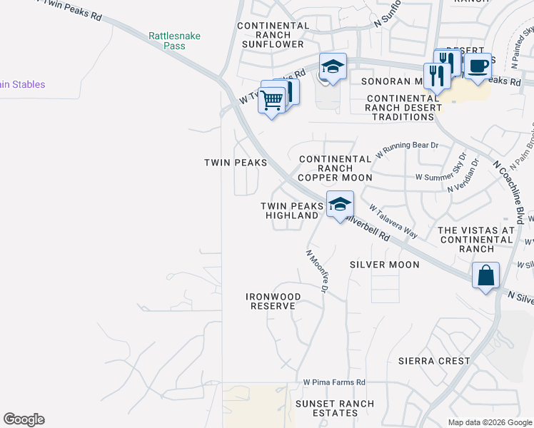 map of restaurants, bars, coffee shops, grocery stores, and more near 8922 North Valgrind Lane in Tucson