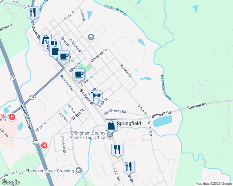 map of restaurants, bars, coffee shops, grocery stores, and more near 405 East 3rd Street in Springfield